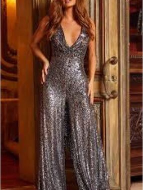 Mauve by Anthropologie Silver Sequin Plunging Wide-Leg Jumpsuit